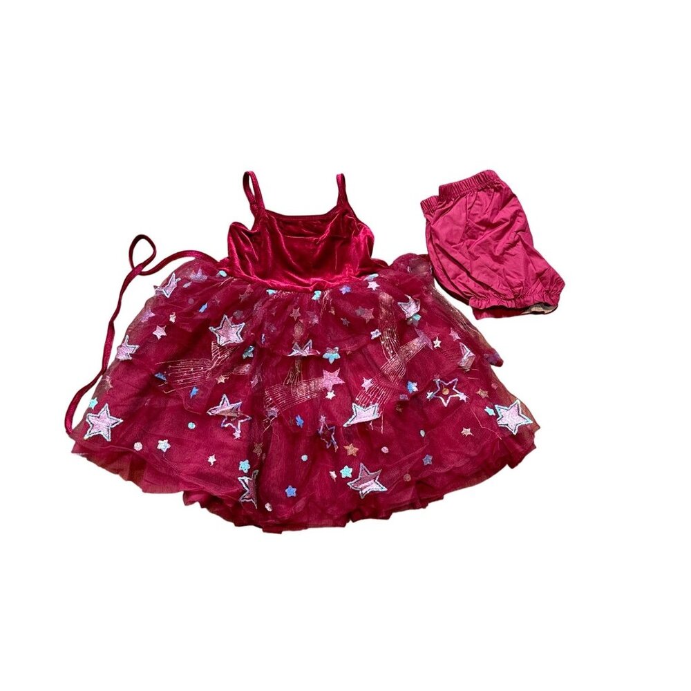 Oh Shana! Girls Red Wine Starry Tulle Dress With Matching Bloomers 7/8